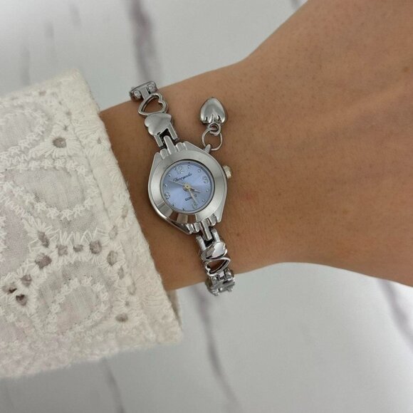 American Vintage Accessories - SKU:0055 cute silver blue mini watch bracelet with heart + in a gift box